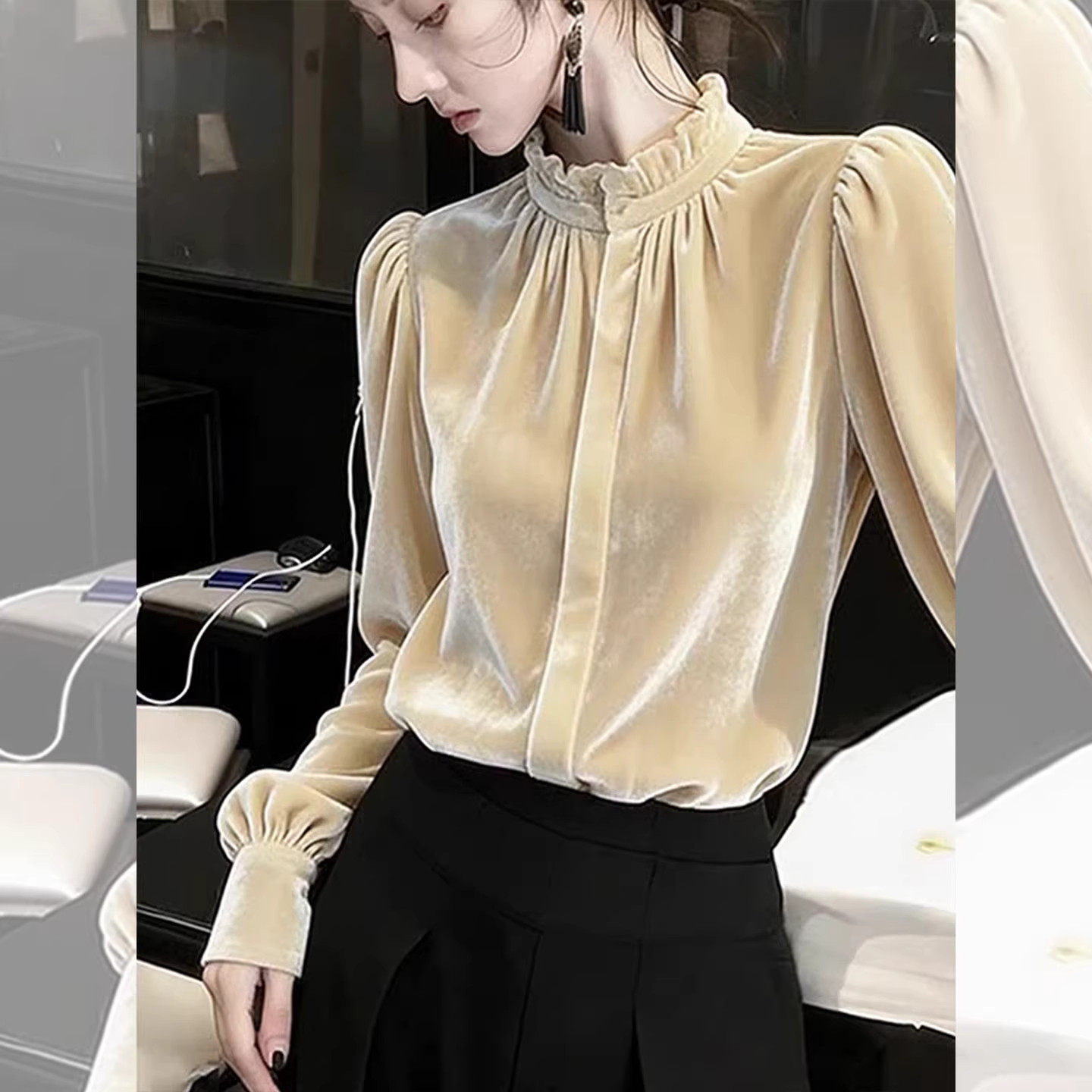 法式木耳边立领丝绒衬衫女秋冬新款轻奢感休闲宽松显瘦百搭上衣潮