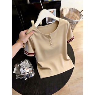 欧货休闲遮肚子显瘦别致藏肉上衣 2026夏季 老钱风正肩短袖 t恤女装