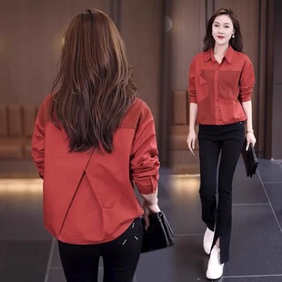 秋季长袖女士衬衫2026爆款新款女装衬衣秋装宽松时尚洋气红色上衣
