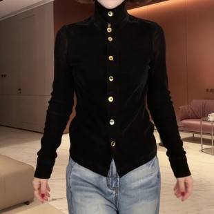 欧洲站时尚气质显瘦单排扣衬衫女士春秋新款法式百搭立领丝绒上衣