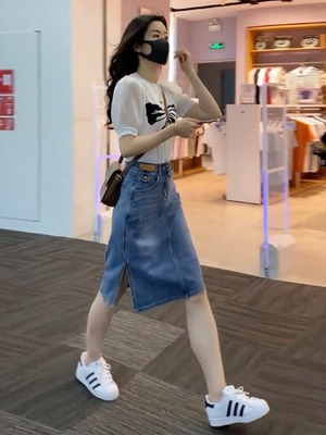 遮胯半身裙小个子夏开叉软牛仔裙