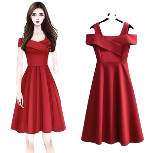 2026新款夏季女装大码桔梗法式礼服连衣裙女遮肚子显瘦红色a字裙