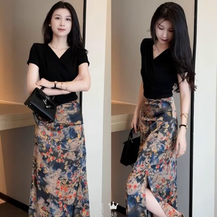 新中式国风复古碎花开叉半身裙巨好看的夏天女装炸街独特漂亮裙子