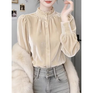 法式简约时尚温柔风泡泡袖立领上衣女米白色高级感轻奢气质衬衫