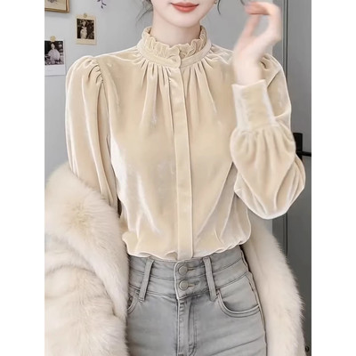 法式简约时尚温柔风泡泡袖立领上衣女米白色高级感轻奢气质衬衫