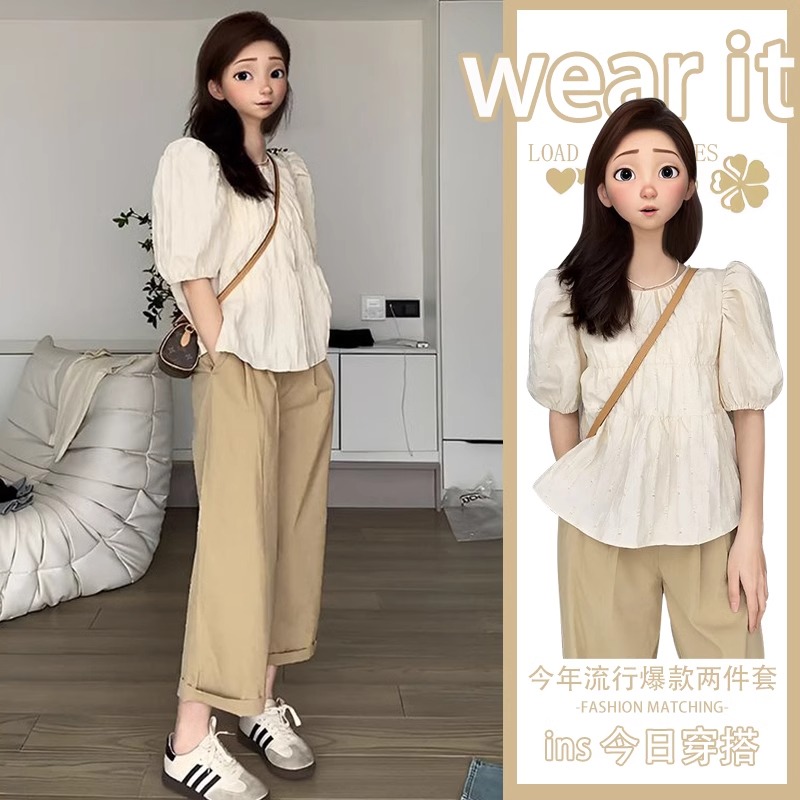 微胖遮肚子减龄套装女夏季盐系轻熟风泡泡袖上衣卡其色裤子两件套