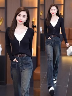 女秋季 新款 穿搭一整套针织衫 时尚 直筒裤 套装 窄版 两件套 牛仔阔腿裤