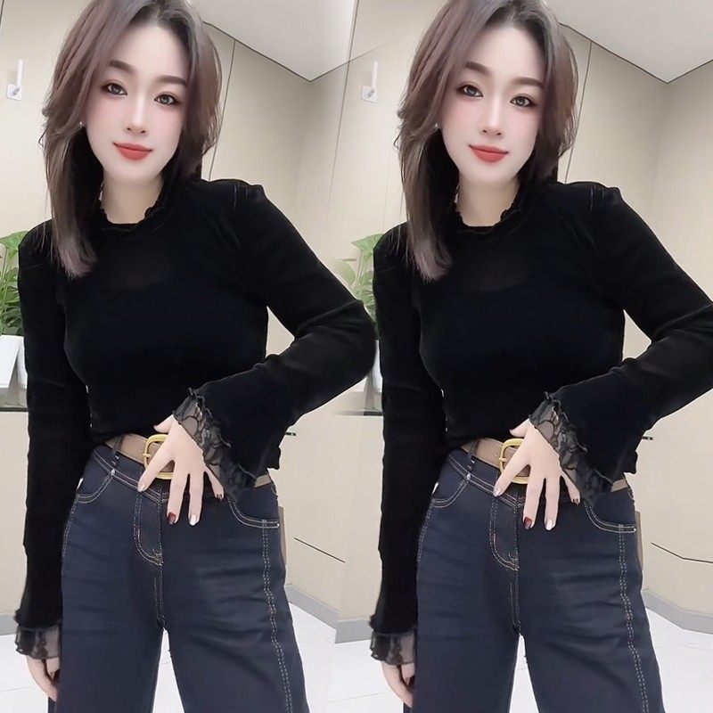 秋冬新款丝绒T恤衫女重工蕾丝边喇叭袖圆领打底衫时尚百搭丝绒衫,女装/女士精品,T恤,淘宝优惠券,粉丝福利购,淘宝优惠卷