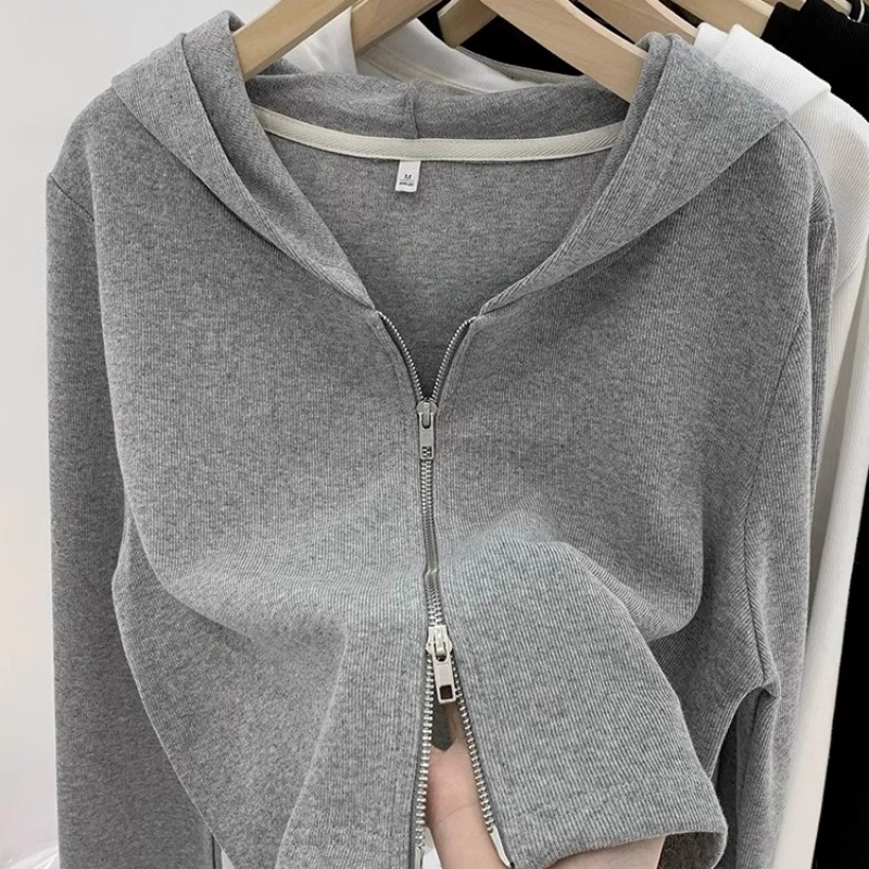 双拉链设计感连帽针织上衣开衫