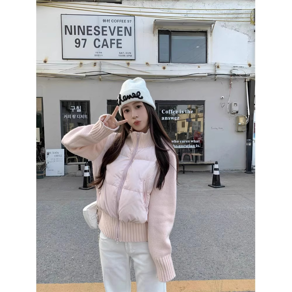 2025冬季新款粉色针织拼接羽绒棉服轻薄高级感气质小香风棉衣外套