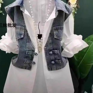 设计感假两件牛仔衬衫女款2026春秋韩版休闲洋气百搭拼接条纹上衣