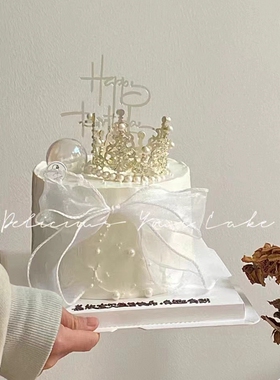 仙女风皇冠蛋糕装饰白色丝带蝴蝶结透明圆球女神烘焙插件ins插牌