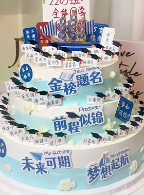 毕业主题多层蛋糕装饰插件学生庆典用品蓝色文字图案套装