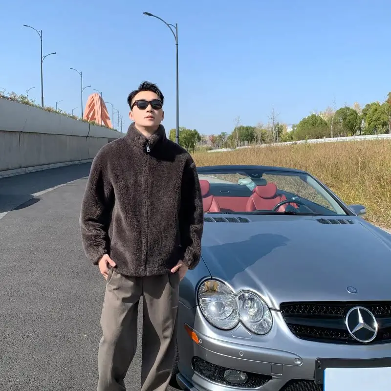 想戎服饰男装专卖店绵羊毛颗粒男外套立领夹克大衣100%真羊毛加厚
