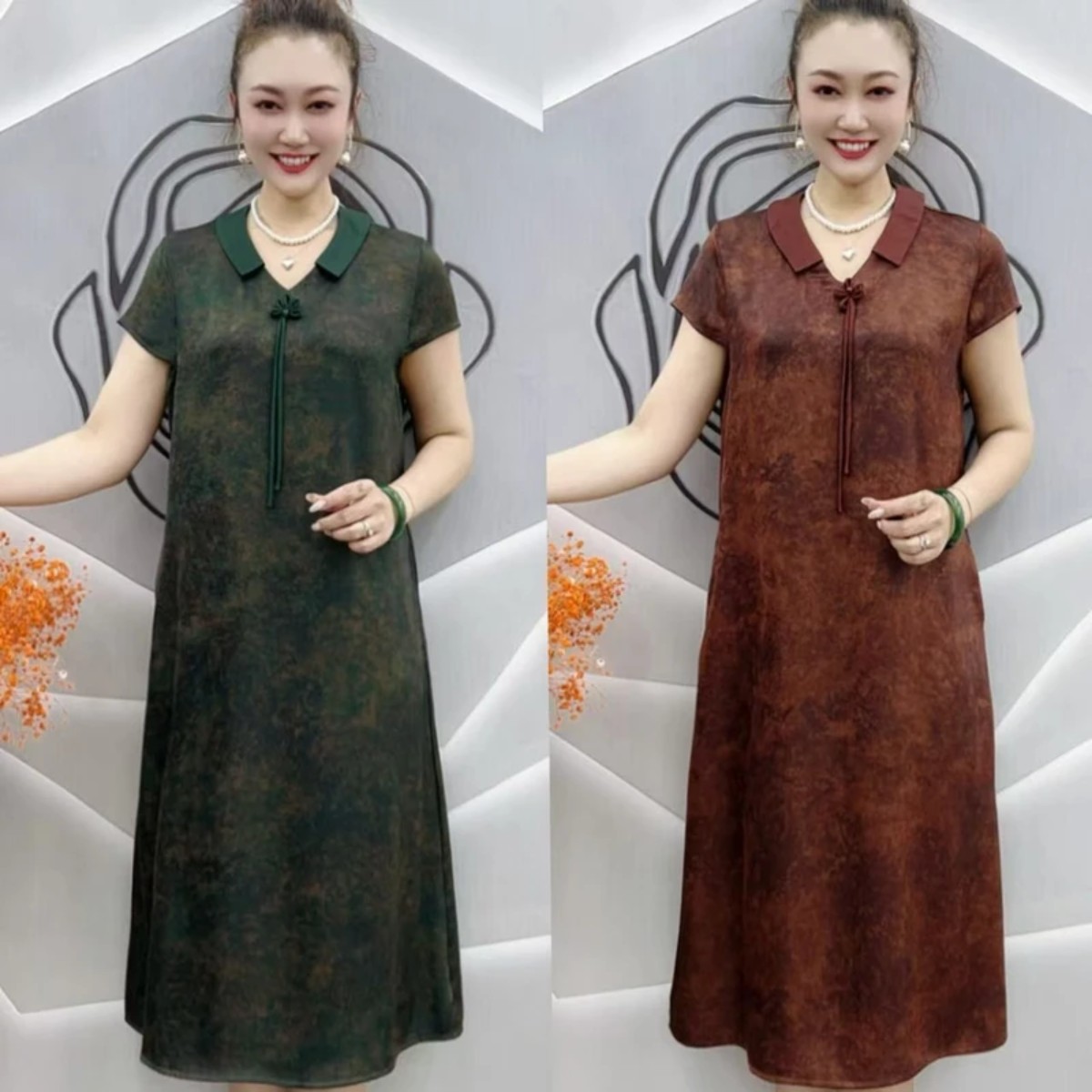 好姐妹真丝女装2026夏季连衣裙时尚翻花宽松舒适中长显瘦妈妈裙