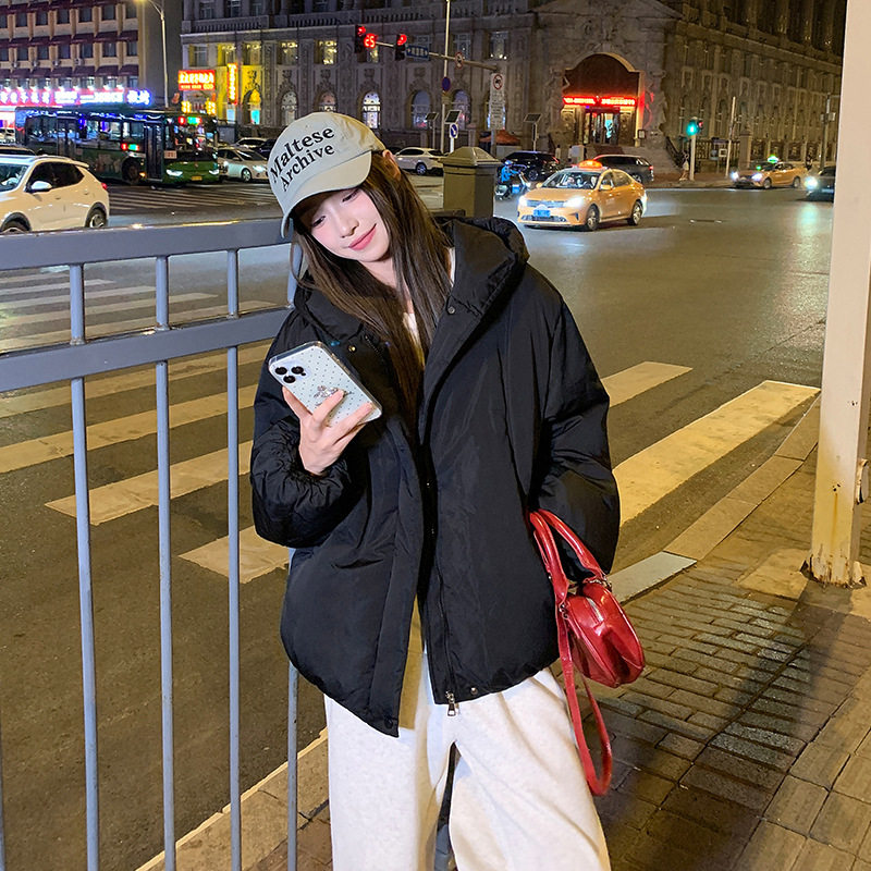2025年新款韩版复古纯色高级感连帽棉服外套女冬季宽松防寒棉衣
