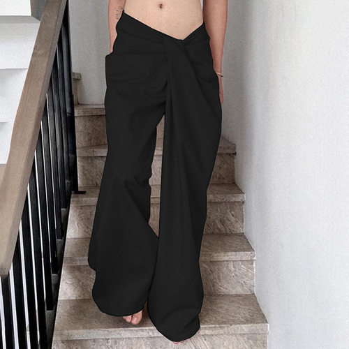 Solid color low waisted pleated pants 纯色低腰褶皱宽松长裤女