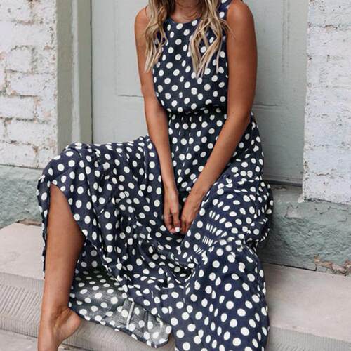 Polka dot round neck long dress for women波点圆领长裙连衣裙