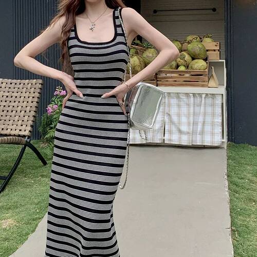 Women's striped medium long slim fit dress条纹中长款连衣裙女