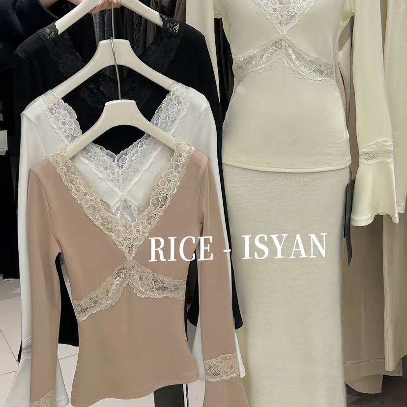 RICE- ISYAN-冬上新RICEIS小女人气质蕾丝拼接薄绒小衫6369