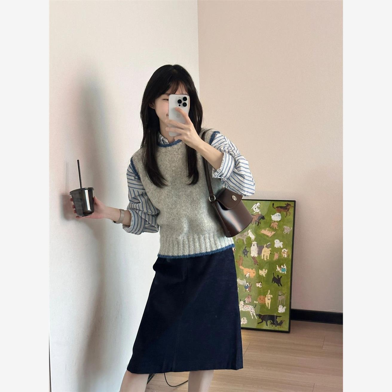 学院风套装女春秋复古圆领撞色针织马甲背心条纹衬衫两件套小个子