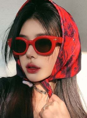 复古椭圆红色框猫眼高级感gm太阳眼镜方圆脸显瘦防紫外线墨镜女潮