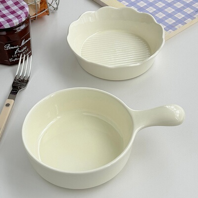其其安陶瓷碗家用釉下彩花边纯色餐具可爱一人食饭碗手柄碗