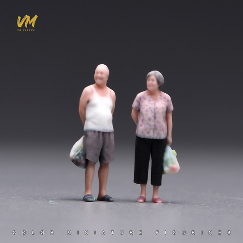 VM 1/64 买菜老人夫妻二人组3D彩色打印微缩人偶搭配场景模型摆件
