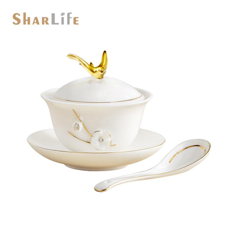 Sharlife羊脂瓷带盖燕窝碗创意中式复古陶瓷麦片碗燕翅银耳糖水碗