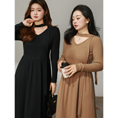 微胖mm冬季 DM100大码 女装 长裙收腰显瘦飘带V领德绒简约纯色连衣裙