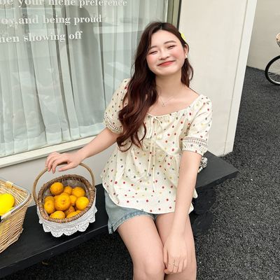 DM100大码女装2025夏季新款法式波点短袖衬衫甜美方领泡泡袖上衣
