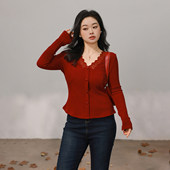 DM100大码 休闲百搭针织T恤 上衣花边拼接V领修身 女装 胖mm显瘦春季