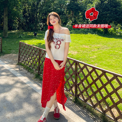 DM100大码女装胖mm夏季甜辣穿搭一整套美式复古潮流T恤半身裙套装