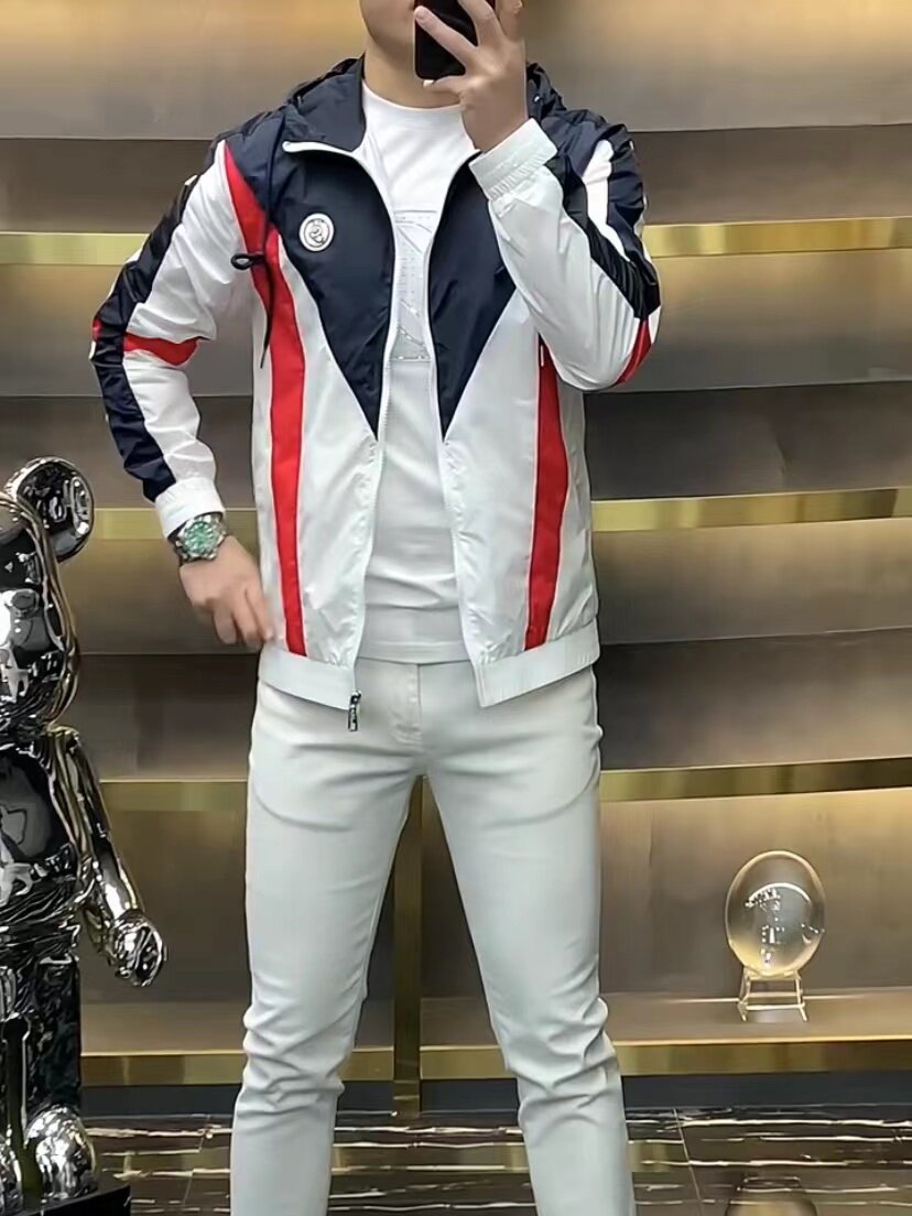 27185夏季新款薄款男士休闲连帽防晒外套运动百搭拼接撞色上衣潮