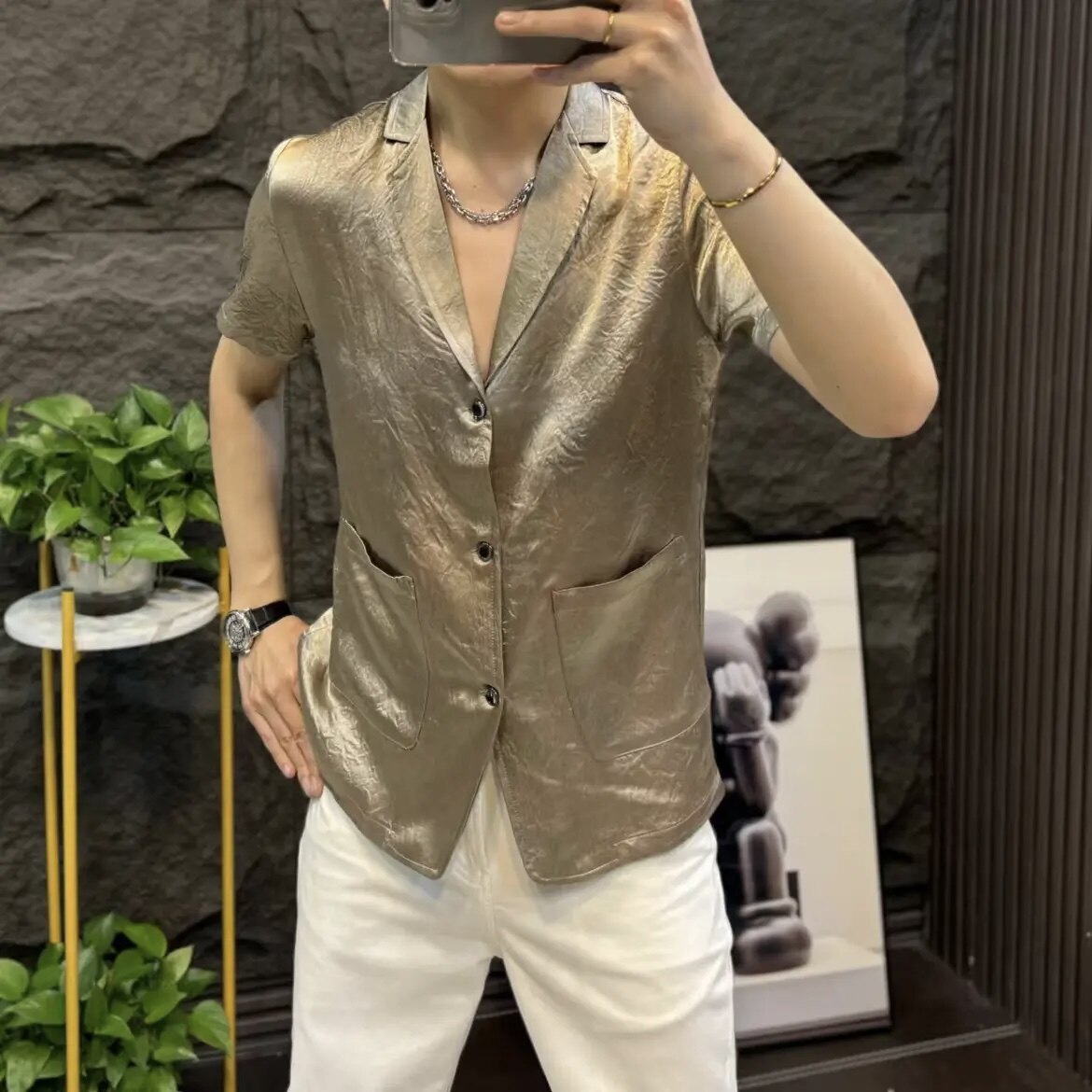 夏季潮流新款时尚痞帅纯色西装上衣男士百搭商务休闲轻奢修身短袖