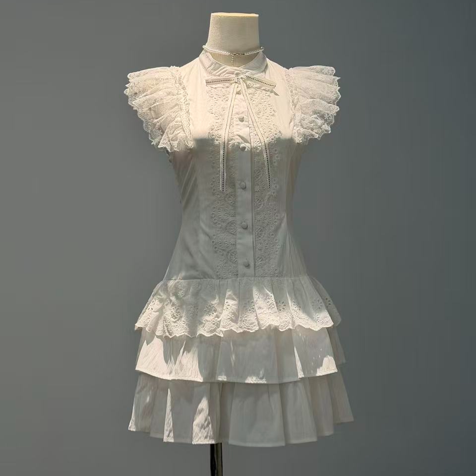 莉莉丝vintage 古着复古甜美蕾丝拼接立领夏季新款背心连衣裙