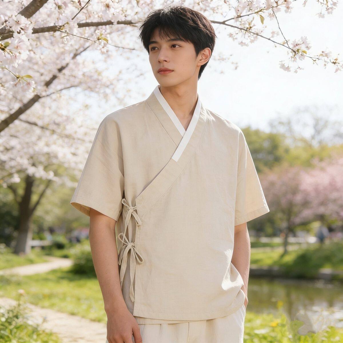 夏季棉麻斜襟短袖 新中式男女款宽松禅服 复古国风亚麻汉服衬衫