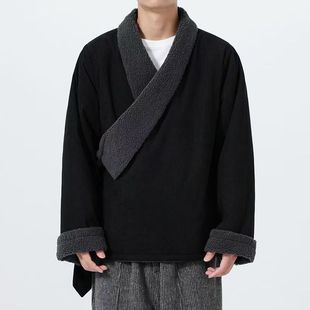 冬季新中式加绒加厚汉服男中国风保暖藏袍复古风唐装棉衣斜襟外套