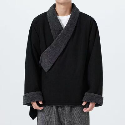 冬季新中式加绒加厚汉服男中国风保暖藏袍复古风唐装棉衣斜襟外套