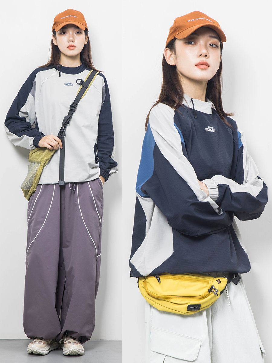 美式复古拼接宽松假两件圆领长袖卫衣男女款情侣极简风T恤