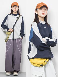 美式复古拼接宽松假两件圆领长袖卫衣男女款情侣极简风T恤