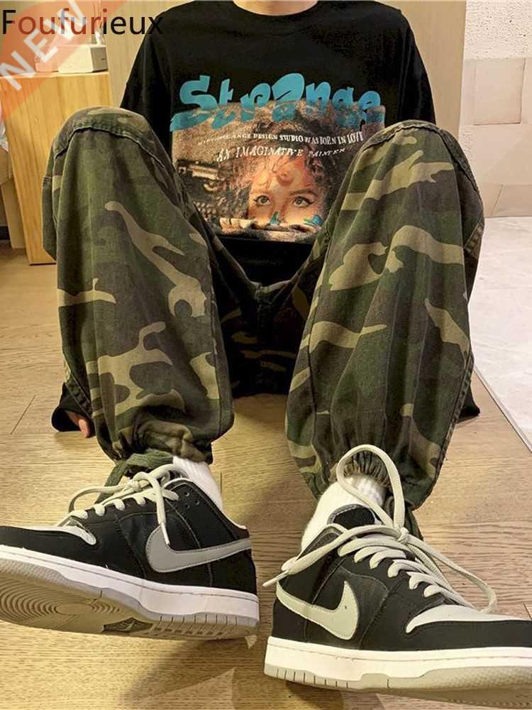 Foufurieux American Vintage Camouflage Cargo Pants Men Summe