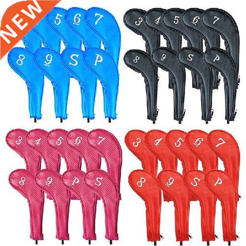 9pcs Portable Golf Club Cover PU Zipper Long Embroidered