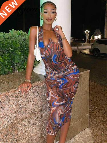 Dulzura Tie Dye Print Women Backless V Neck Halter Midi Dres
