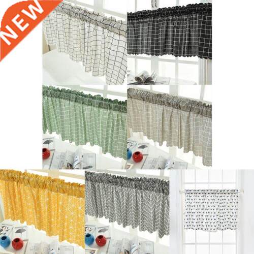 Pastoral Short Half Window Curtain Plaid Leaves Print Rod Po