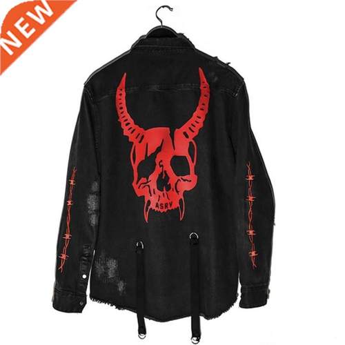 Harajuku Gothic Demon Hunter Skull Black Denim Jacket Men Ro