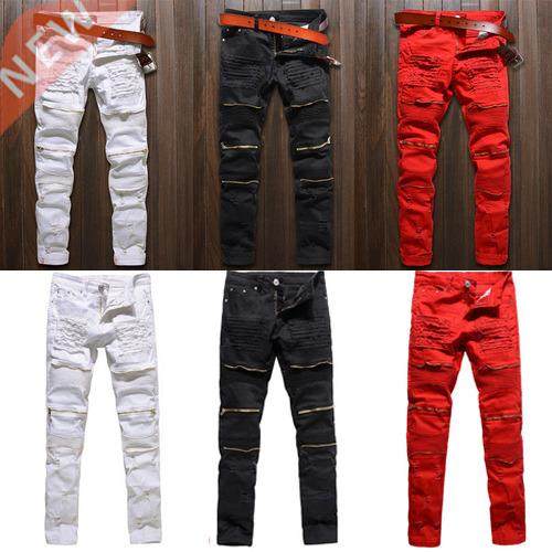 Men Skinny Sretch Denim Ripped Pants Disressed Ripped Freyed