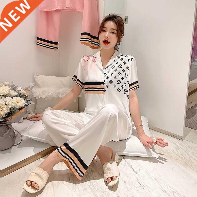 2021 new ice silk pajamas women summer short-sleeved trouser