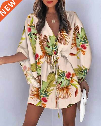 Summer Beach Mini Dresses Women Boho Casual Print Lace Up Bu