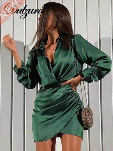 Dulzura Solid Satin Women Long Sleeve V Neck Ruched Wrap Min